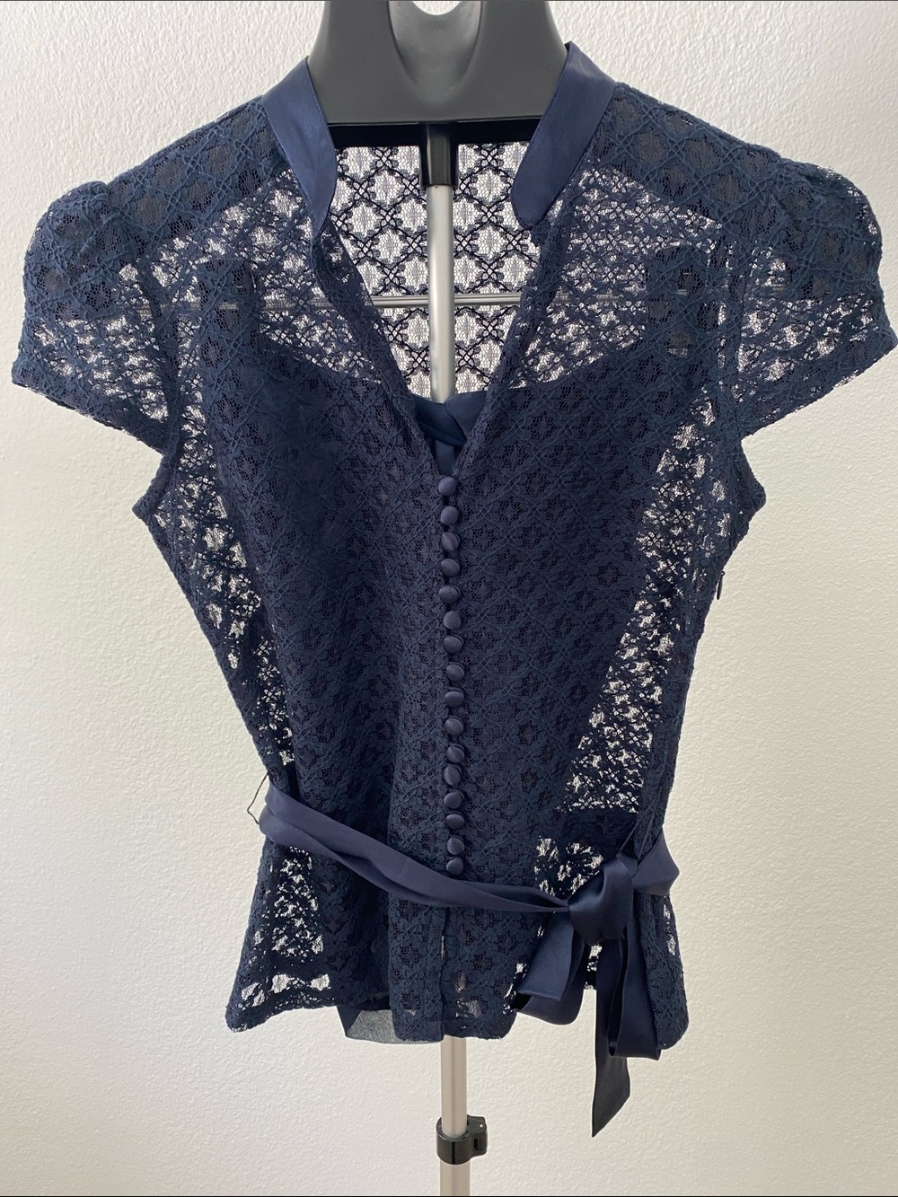 Lace Button-Front Women's Top with Belt - Navy paired w silk shell